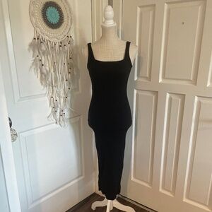Wild Fable Black Ribbed Bodycon Midi Dress with Square Neck & Side Slit, Size XS